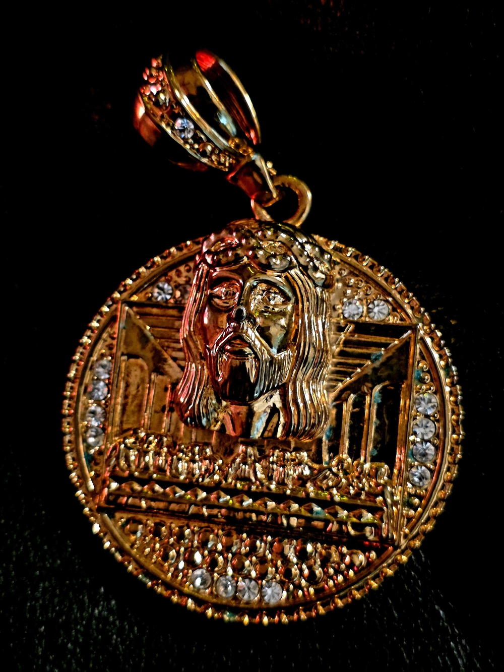 Unk Gold Jesus Medallion Pendant with Clear Crystals